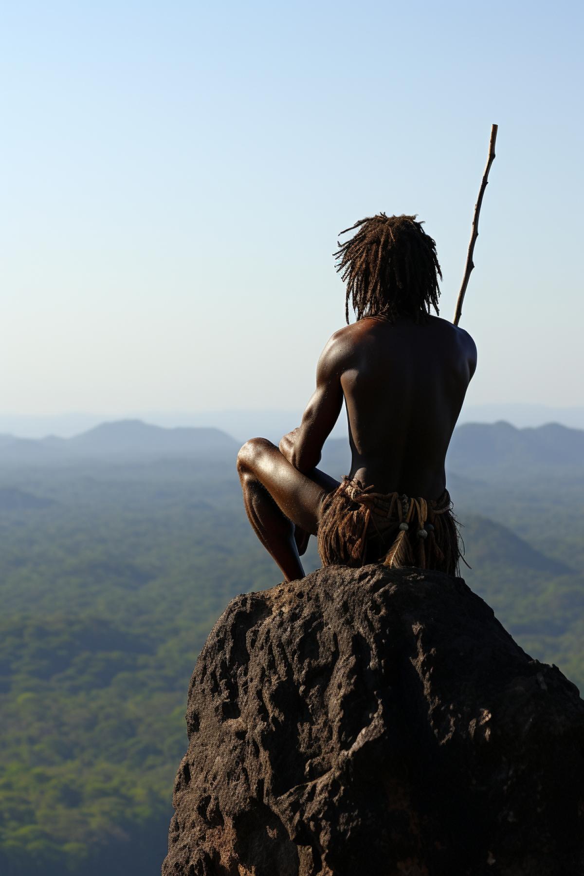 Beauty of the dark continent one African savage in original decoration with spear enjoying panoramic view