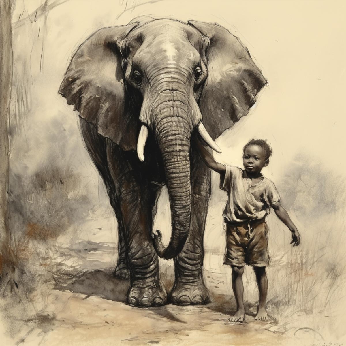 A little African boy drags an elephant by its trunk. Sketches of a naturalist.