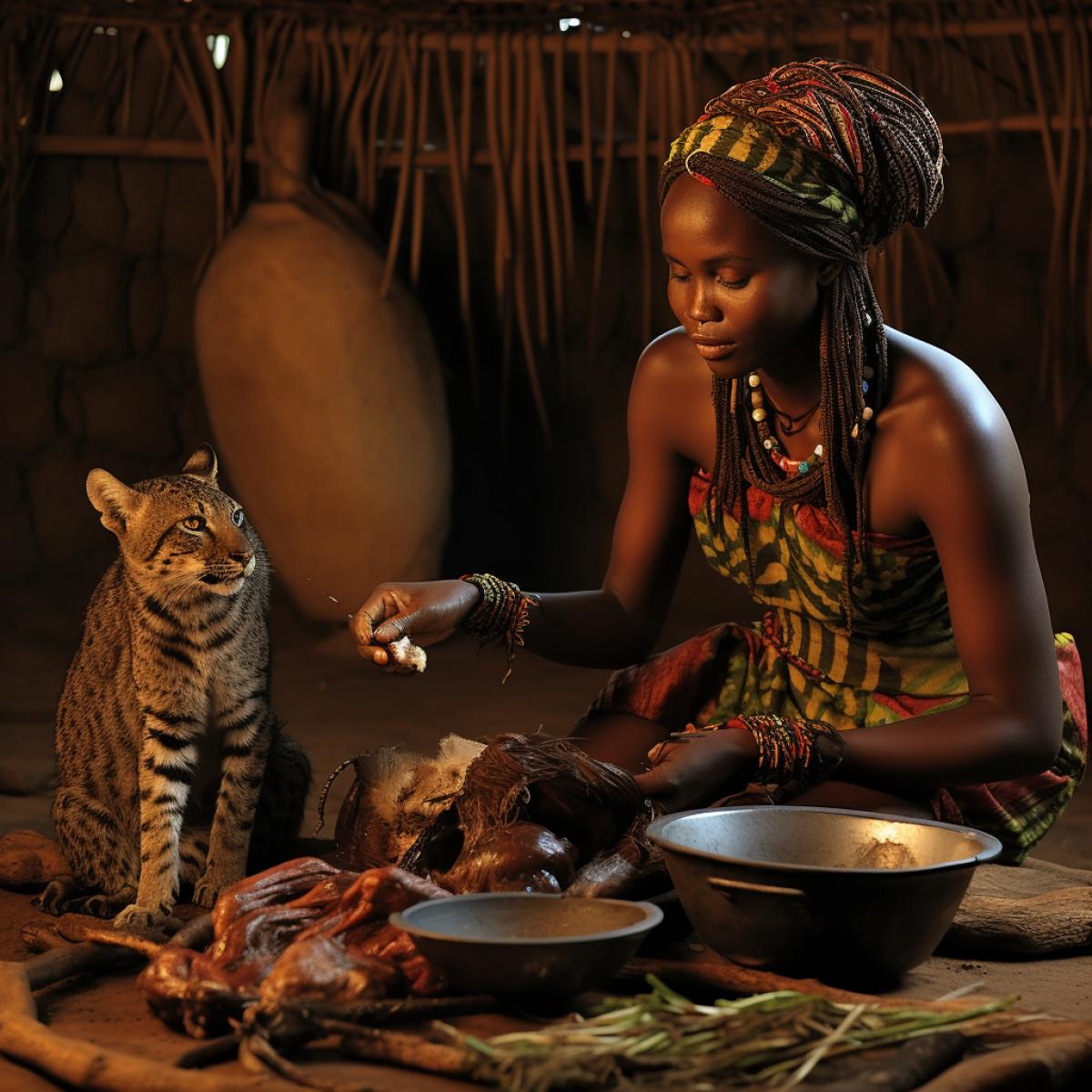 An African tribal housewife is preparing a wild cat for dinner. Reporter photography.