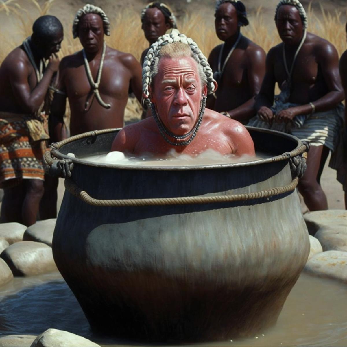 A white tourist bathes in a large pot of an African tribe.