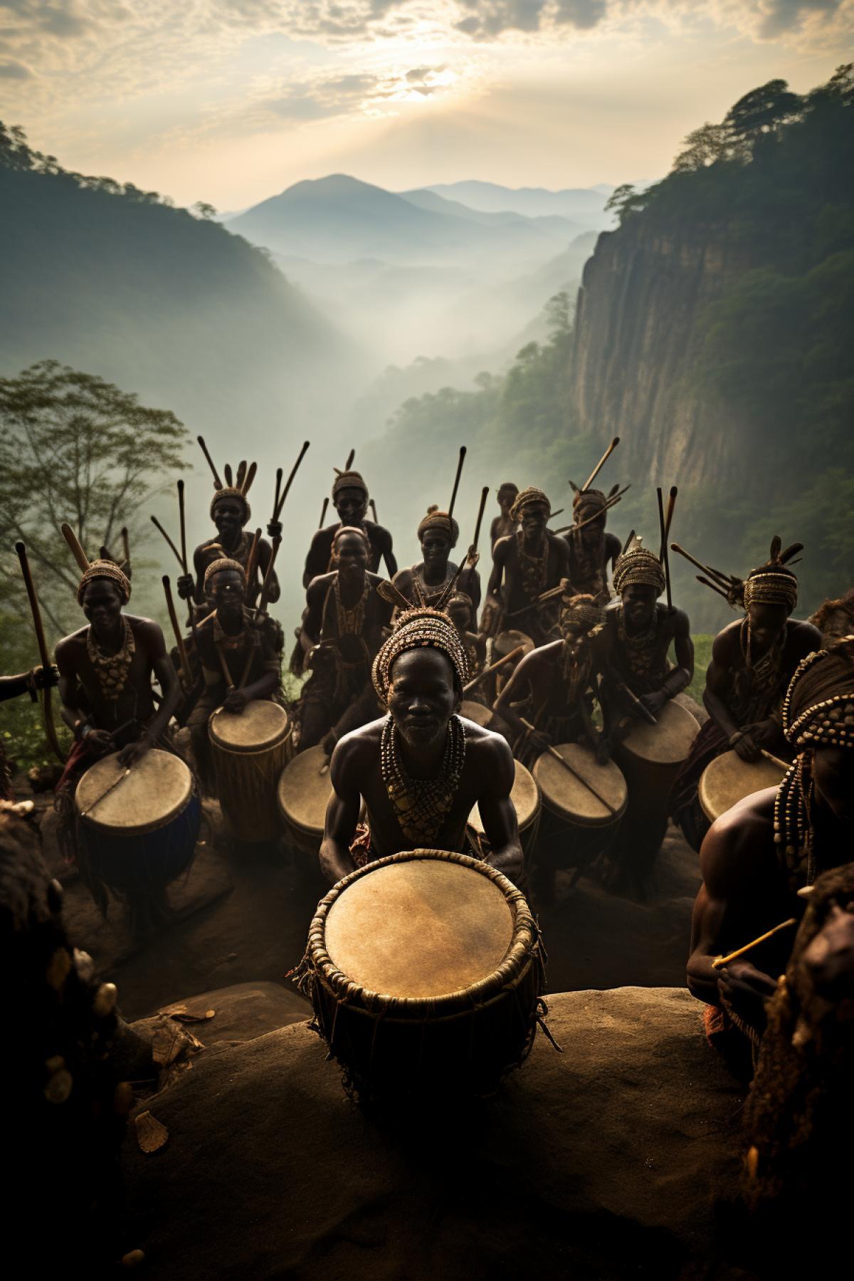 Talking drums of ancient African tribes epic panoramic video frame breathtaking shocking image