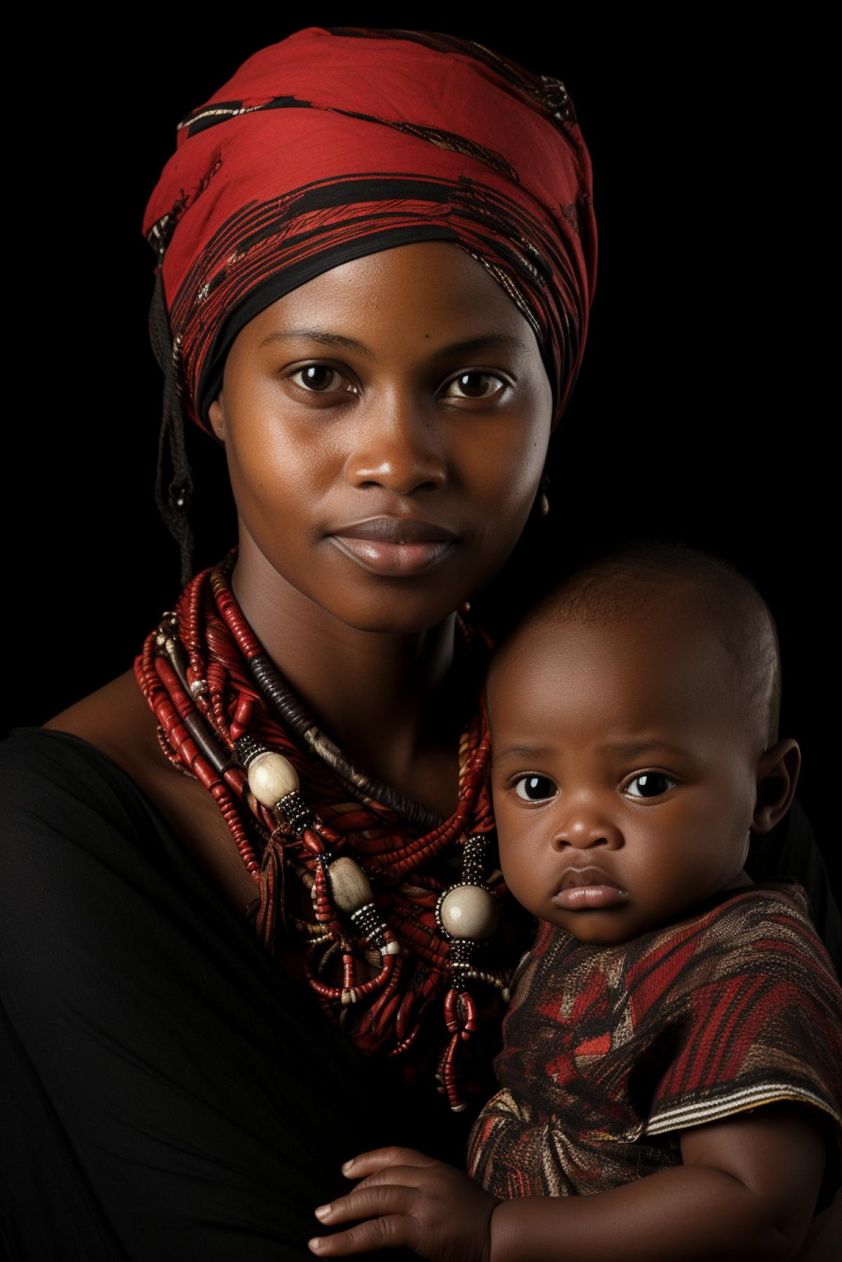 African woman holding a small child in her arms, dark and blue skin, traditional ethnic holiday outfit, red and yellow turban, professional reportage photography, out door, masterpiece, natural light, light background
