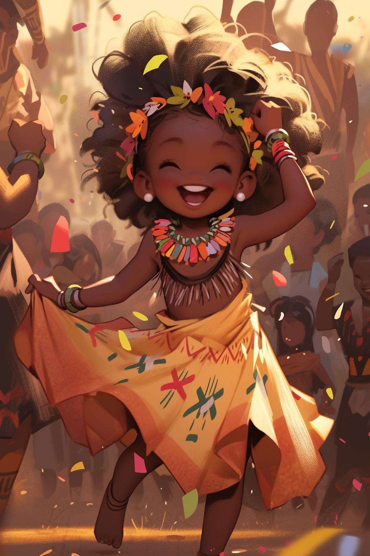 a little African girl from a small tribe, wearing a grskirt and a flower crown, dancing at a festival in her tribe, among other African residents
