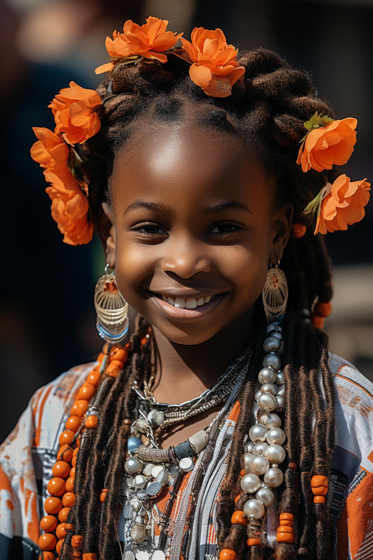 a little African girl from a small tribe, in a traditional grskirt and a flower crown, with a painted face, dancing at a festival in her tribe, among other African residents, reportage photography from the life of the indigenous peoples of Africa, out door, sunlight