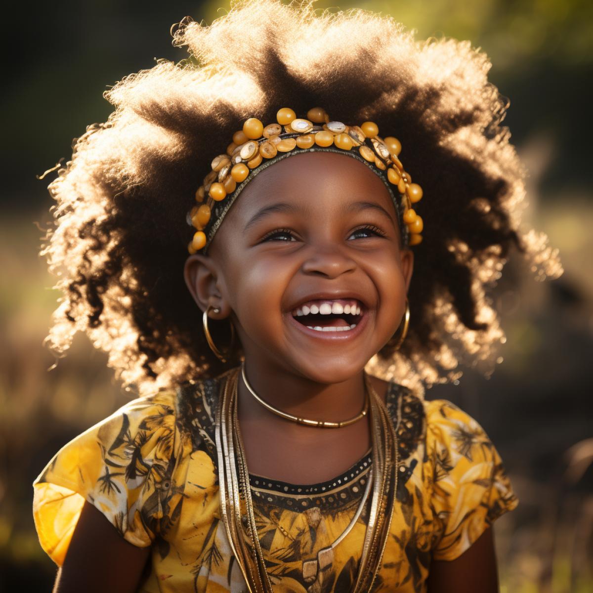 a little joyful African girl from a small tribe, wearing a traditional grskirt and African flower wreath, with painted face, dancing at a feast in her tribe, a picture from the life of the indigenous peoples of Africa