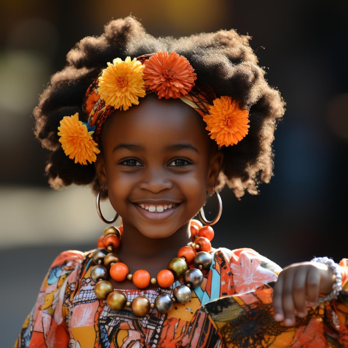 a little joyful African girl from a small tribe, wearing a traditional grskirt and African flower wreath, with painted face, dancing at a feast in her tribe, a picture from the life of the indigenous peoples of Africa