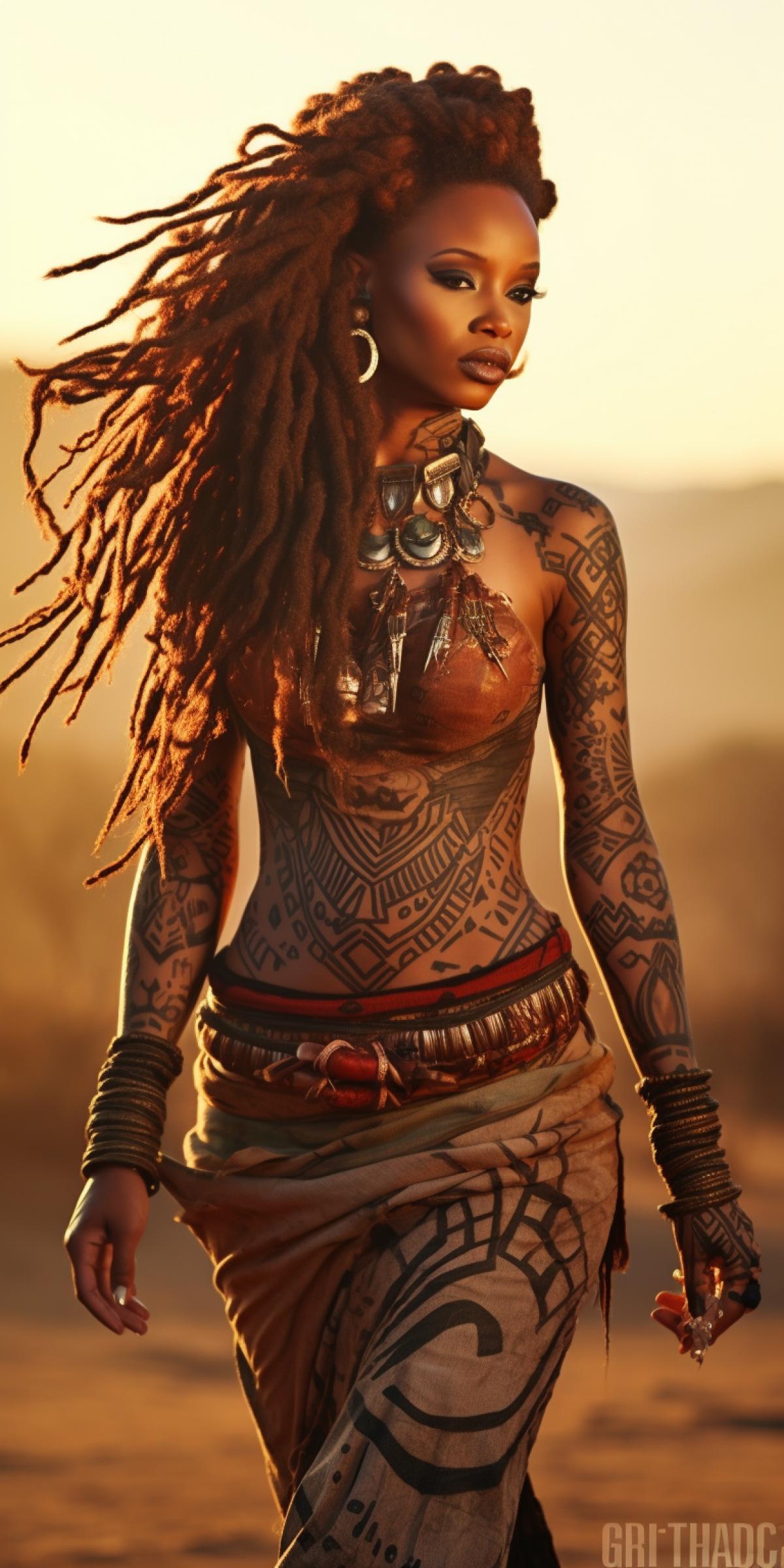 Beautiful primitive African tribal woman with gorgeous hair in traditional African tribal clothing, hair fluttering in the wind, tattooed body, standing on the savannah background, blazing sun, full-length shot, professional photo, highly detailed, breathtaking