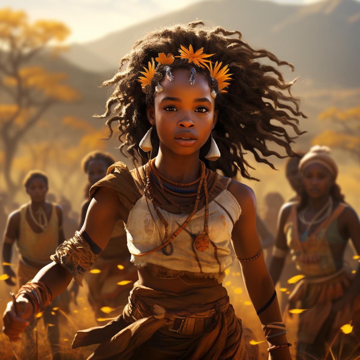 a little joyful African girl from a small tribe, wearing a traditional grskirt and African flower wreath, with painted face, dancing at a feast in her tribe, a picture from the life of the indigenous peoples of Africa