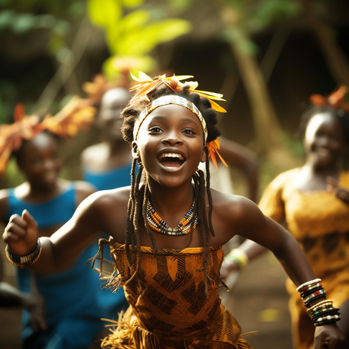 a little joyful African girl from a small tribe, wearing a traditional grskirt and African flower wreath, with painted face, dancing at a feast in her tribe, a picture from the life of the indigenous peoples of Africa