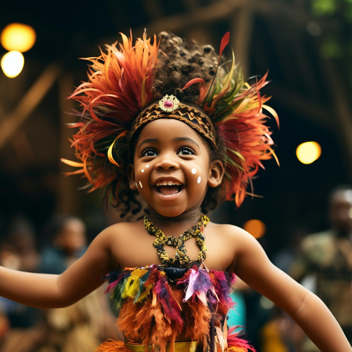 a little joyful African girl from a small tribe, wearing a traditional grskirt and African flower wreath, with painted face, dancing at a feast in her tribe, a picture from the life of the indigenous peoples of Africa