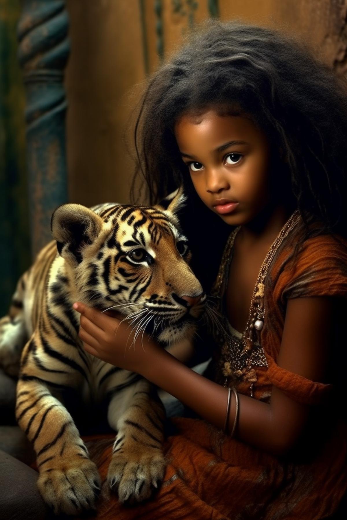 African, little girl petting a little tiger calf