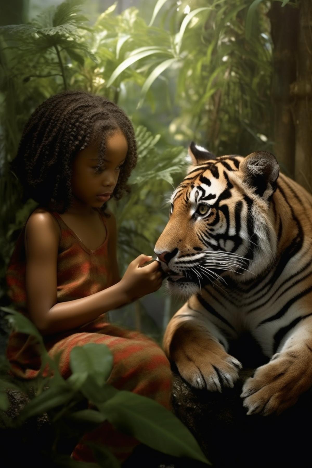 African, little girl petting a little tiger calf