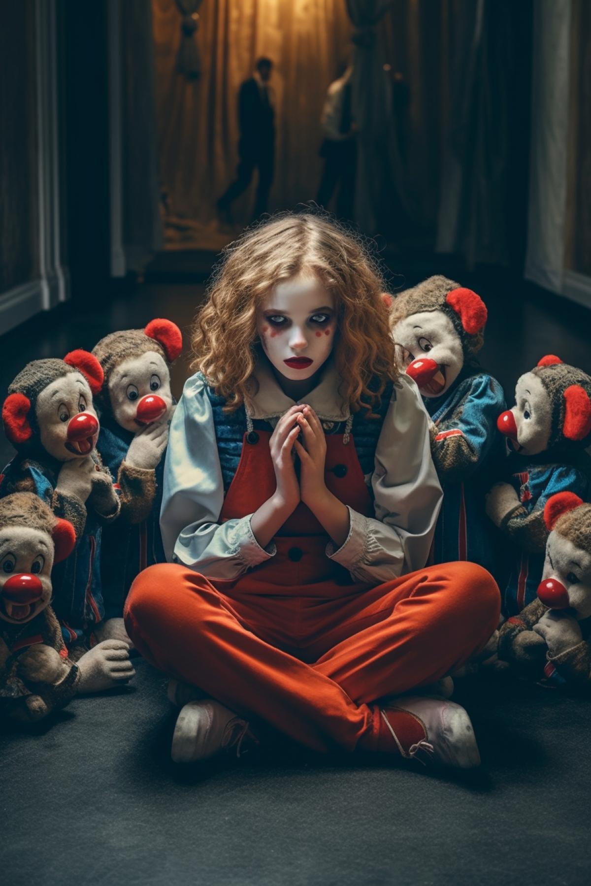 A little girl sits on the floor with her hands covering her ears and clowns walk around her.