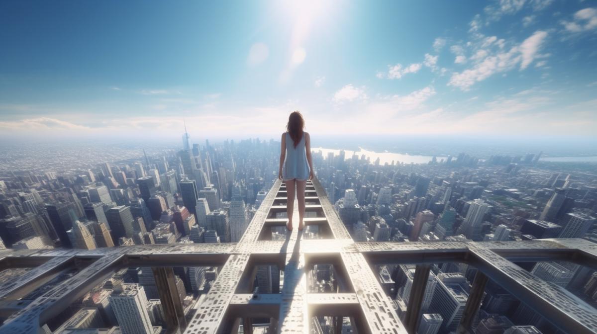 point of view shot of a girl standing on a steel beam on the highest skyscraper in the metropolis, view of the city from above, photorealistic, highly detailed, 8k