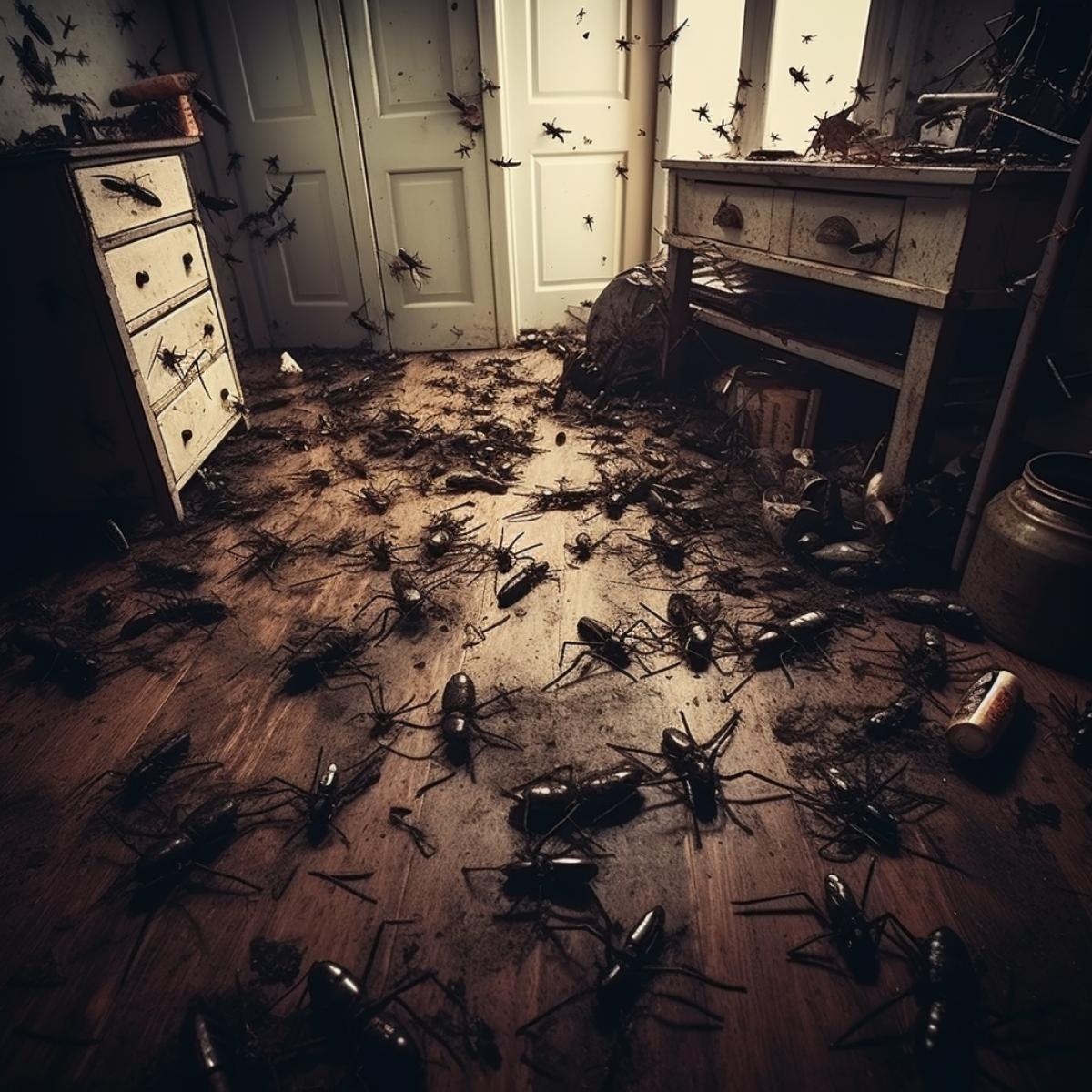 a lot of insectrocketroaches on the floor in the room, horror atmosphere