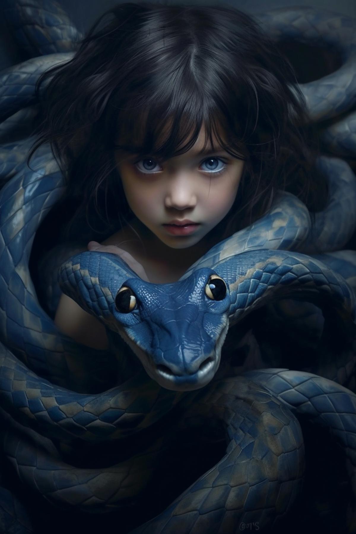 Girl dark hair blue eyes trapped by a scary snake