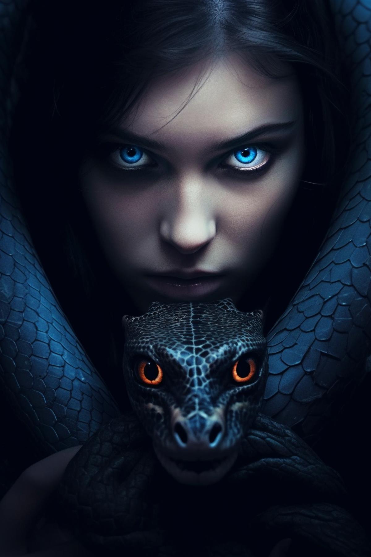 Girl dark hair blue eyes trapped by a scary snake