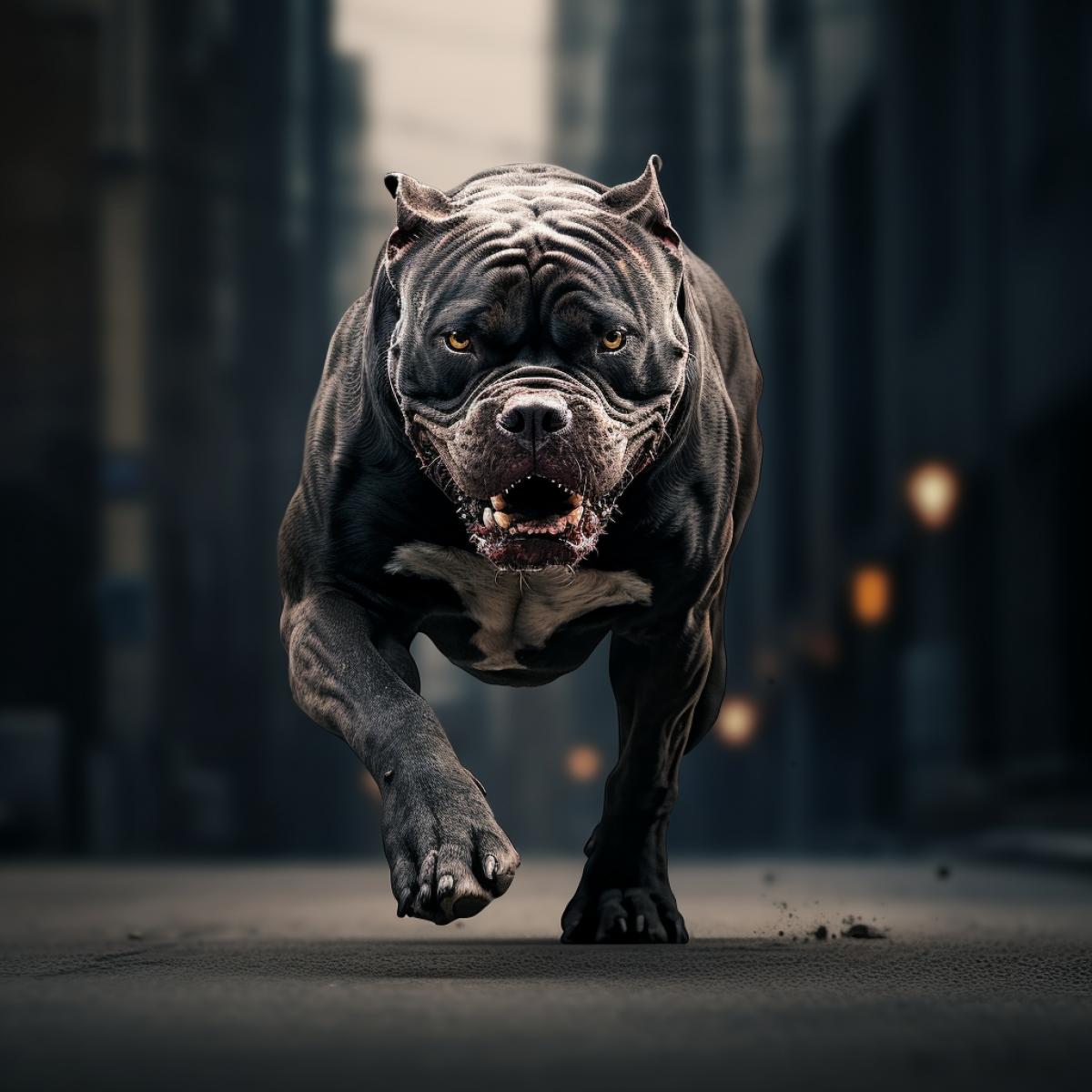 photograph of an angry pit bull terrier running through the street, dark & explosive style, smokey grey background, hyper-realistic detail, dynamic and dangerous com4k