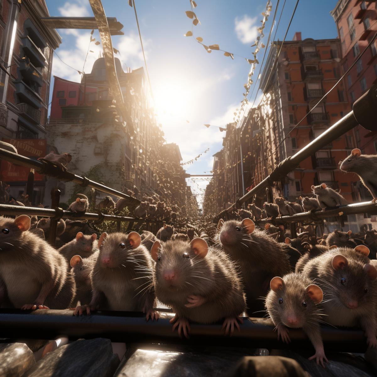 maximalist shot thousands of rats on the streets of the city, Hyper realistic, extremely detailed, realistic rendering, unreal engine