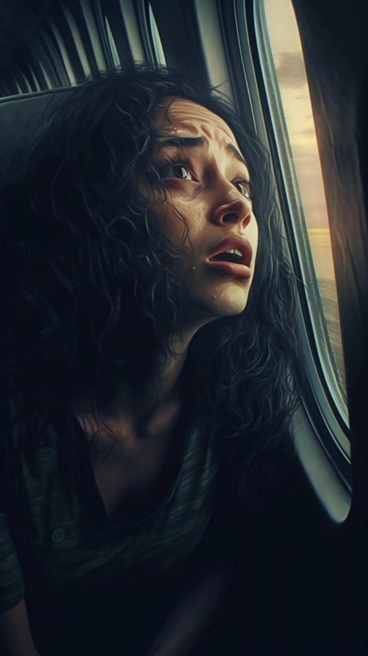woman, aerophobia, fear on her face, fear in her 4k, sitting in an airplane seat at the window, realistic