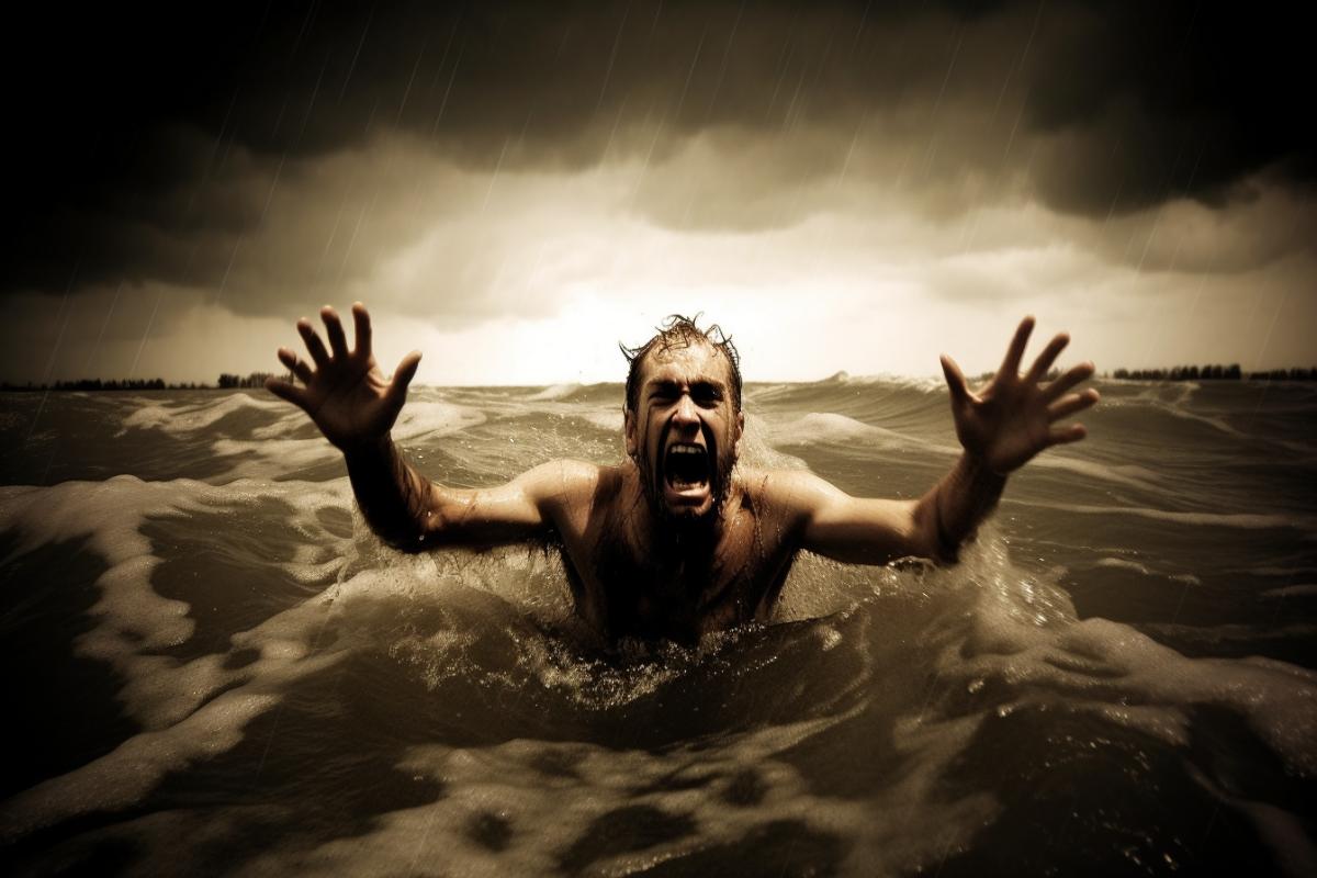 A man in the middle of the ocean, very afraid of drowning, horror!