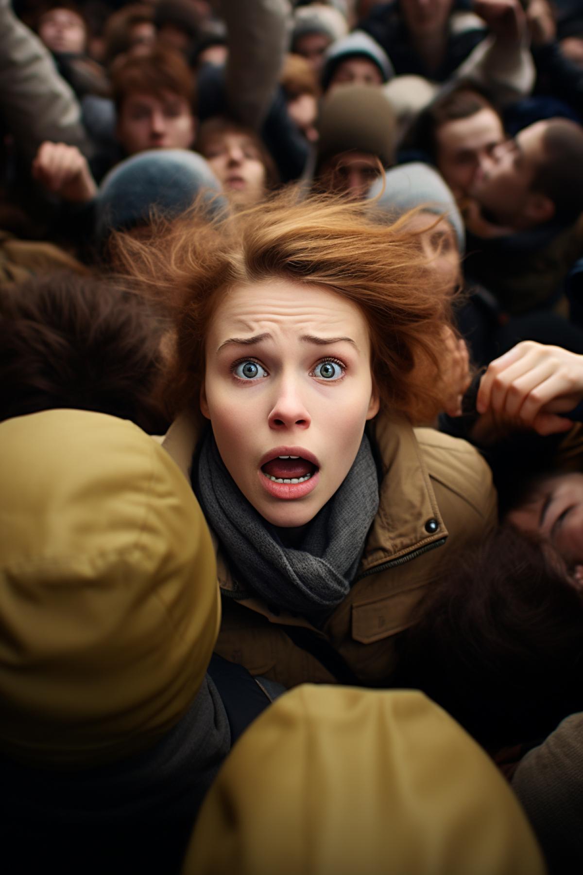 The girl is afraid of crowds, agoraphobia, hysteria, panic, crowd fear, phobia, psychosis, horror, emotions, depressive, dramatic