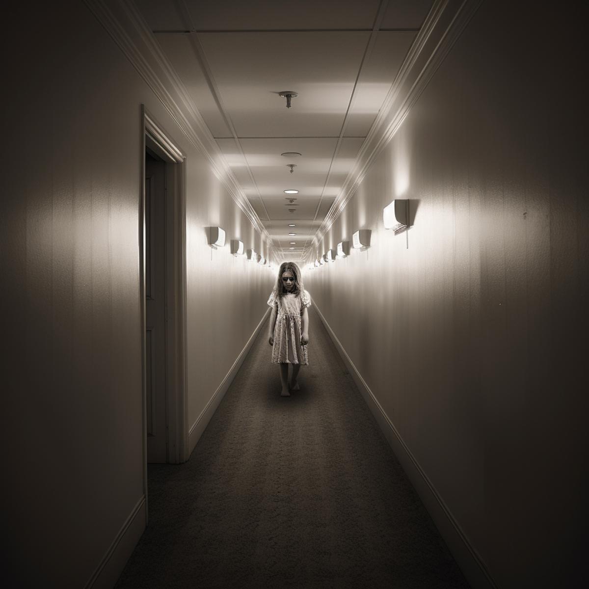 Phobia, long corridor at the end, little girl, Ghost, photograph