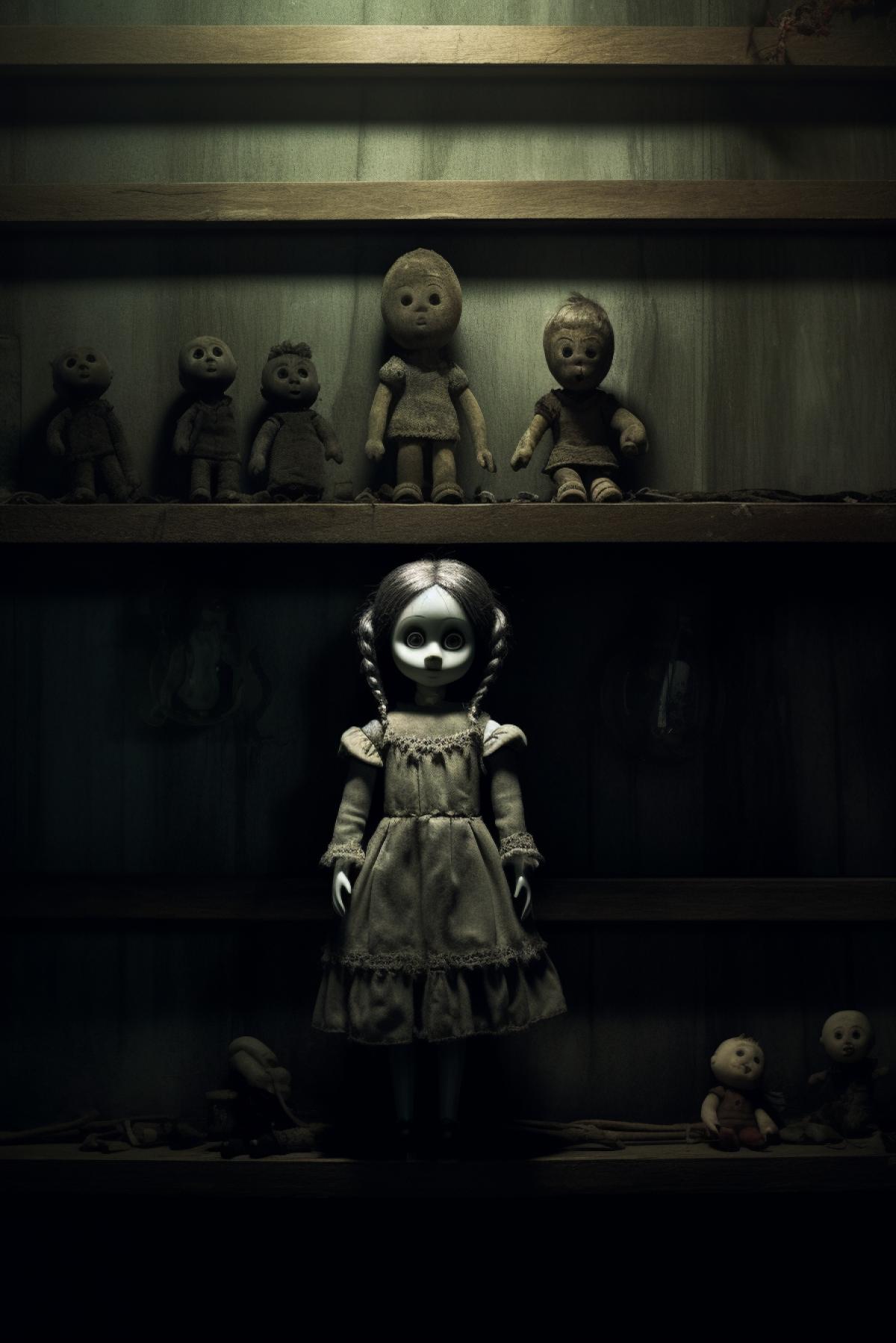 A scary doll stands alone on a dark shelf