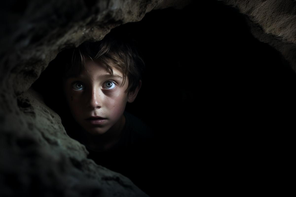 Phobia, dark cave, big scary and angry eyes in the dark, photograph
