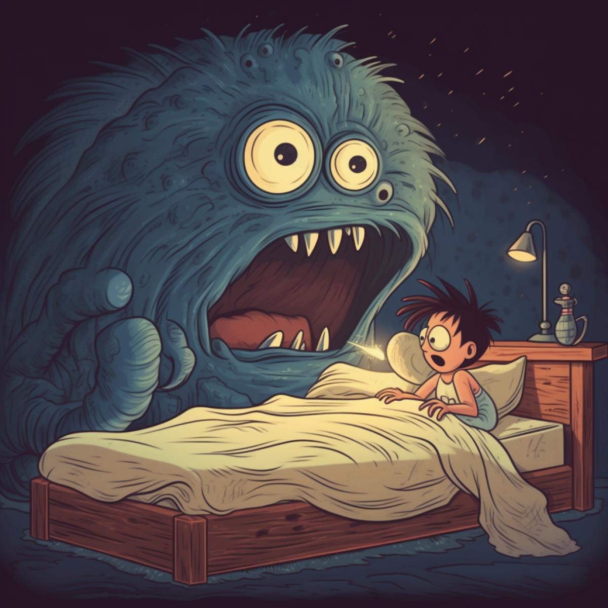 phobia, a child is sleeping on the bed, a monster crawls out from under the bed