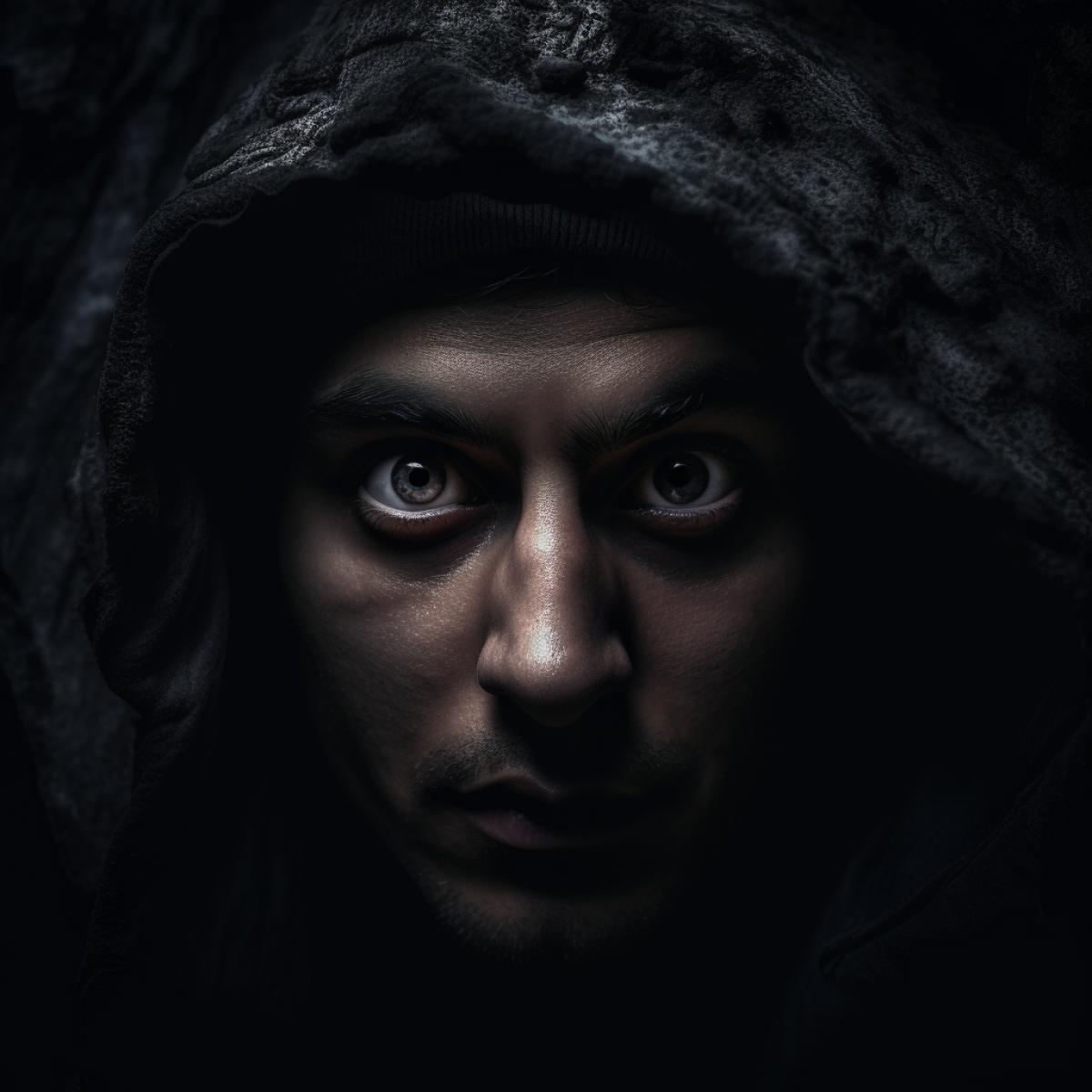 Phobia, dark cave, big scary and angry eyes in the dark, photograph