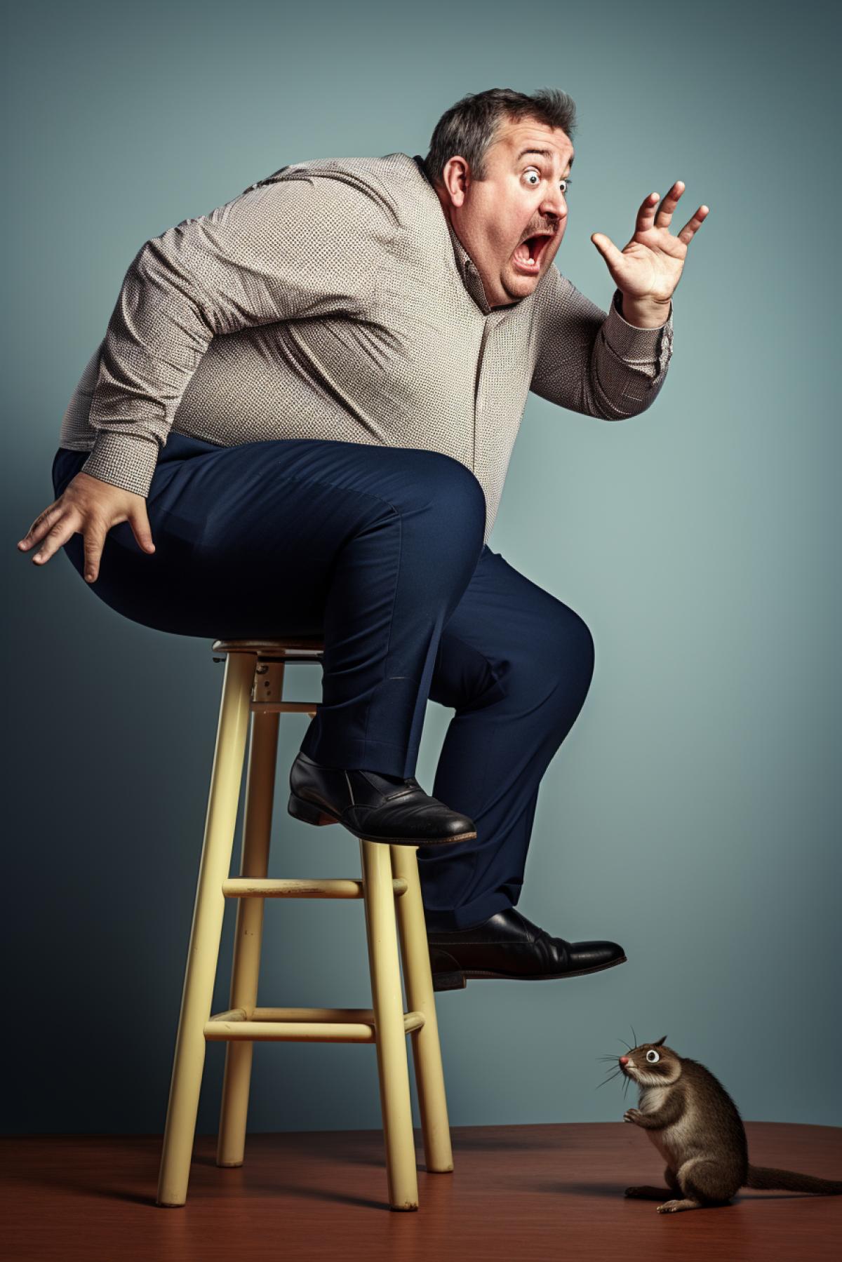 35 years old fat man jumping on top of a stool scared of a small mouse on the floor, photo, low angle