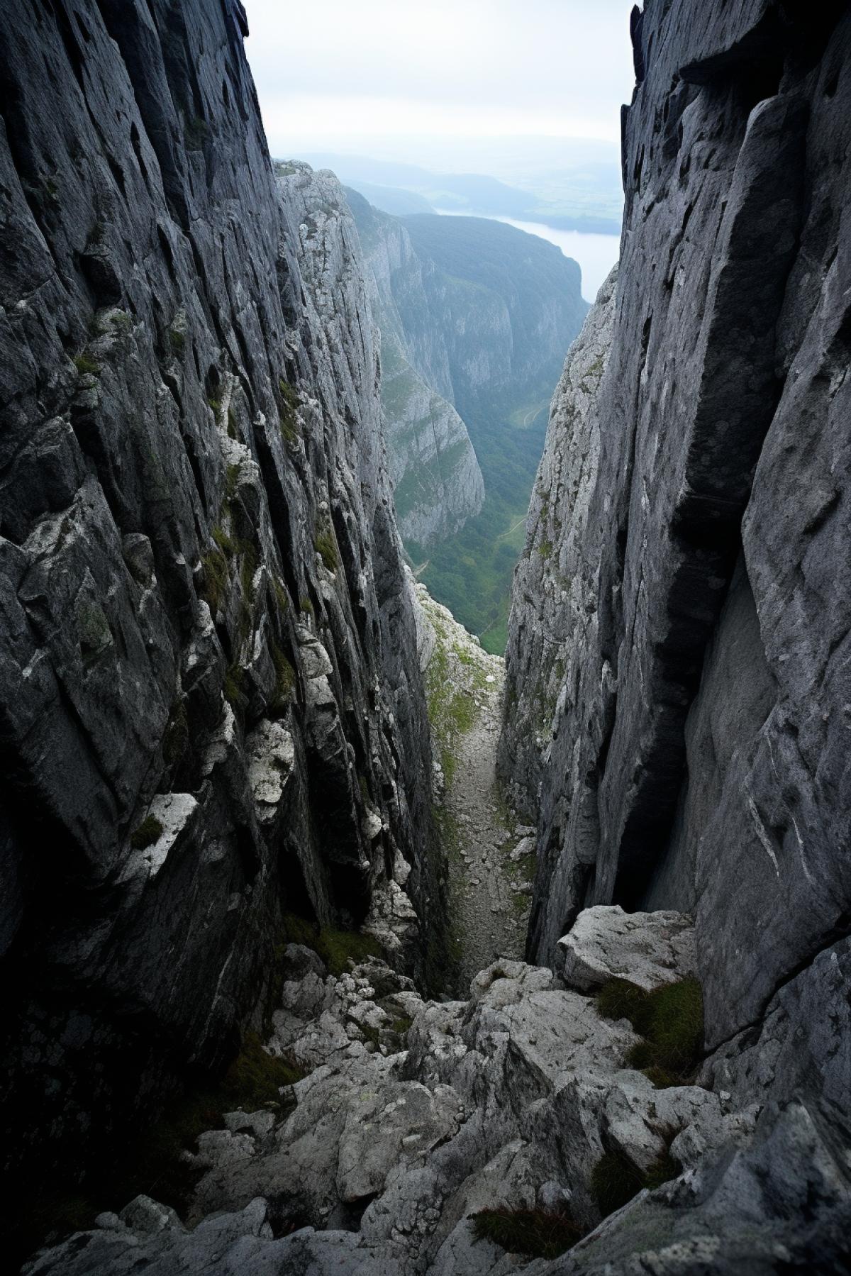 on the top of the highest rock looking down to the bottom scaring impossible frightening and inviting depth of stone abyss