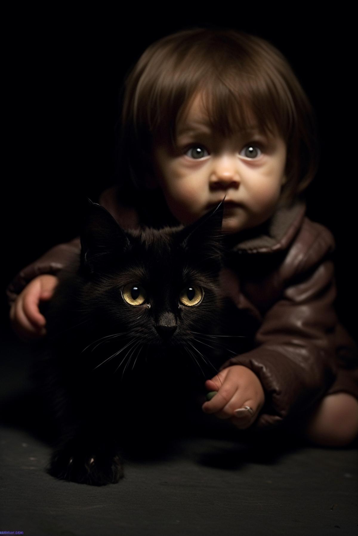 A child in terrible fear looks at a cute dark kitten