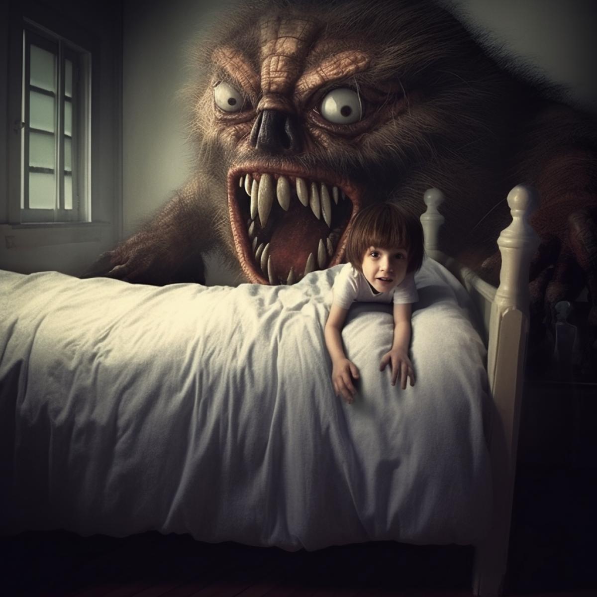 Theres a monster hiding under a little boys bed.