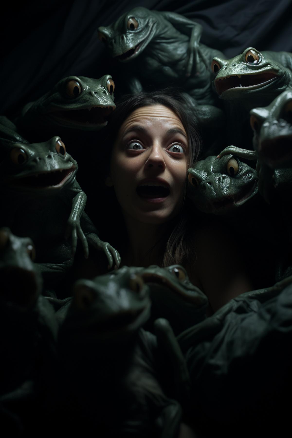 horror, dark, scary, a lot of frogs in the girl’s bed, her face is screaming in fear