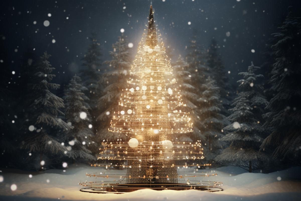A piezoelectric Christmas tree, in a snowy forest, snowfall