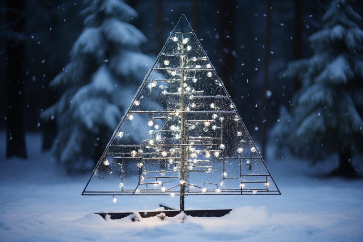 A piezoelectric Christmas tree, in a snowy forest, snowfall