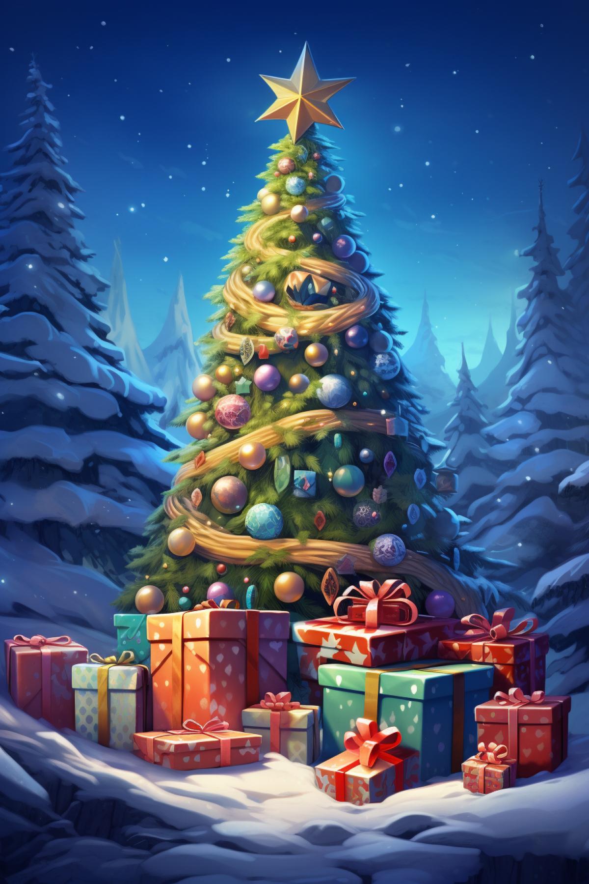 Highly detailed 3d style art with christmas , evergreen tree, snow, present boxes , happy, bright colors, win, celebrate, glow