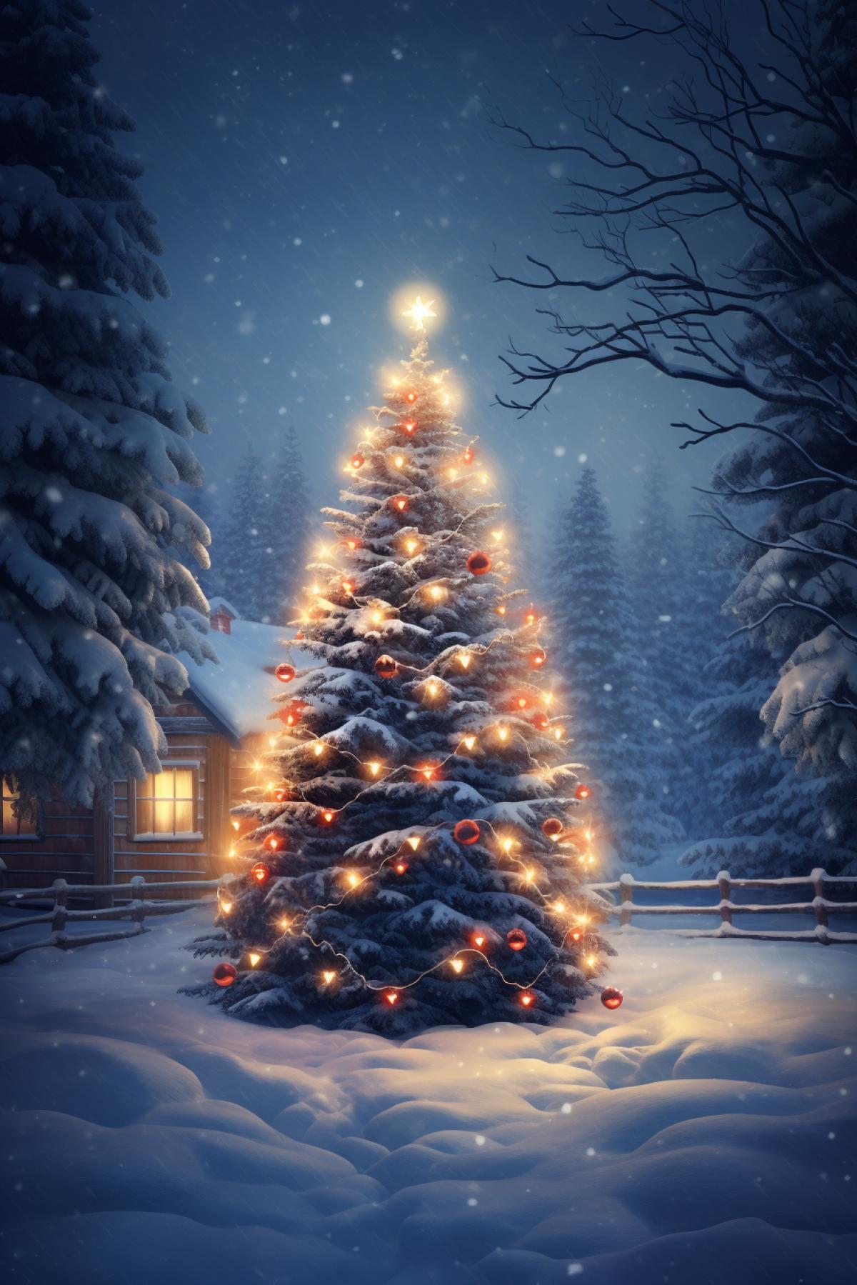 christmas tree decorated with glowing lights outside in the snow