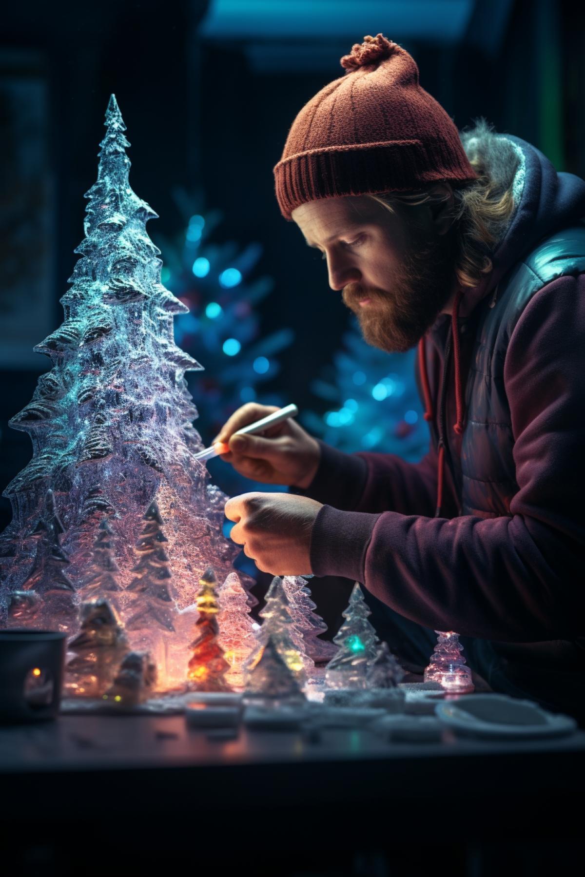 man completing a detailed ice sculpture of a christmas tree, multicolor lights, tinsel, baubles, cinematic lighting, octane render, photo shoot, cover photography, award winning