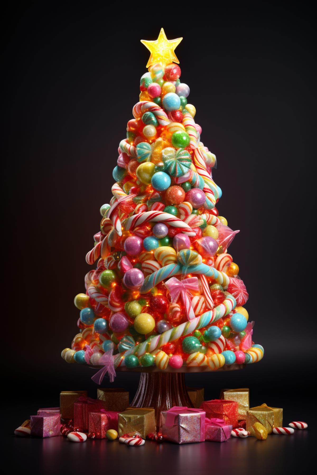 Christmas tree made of candies lit lights, UHD, realistic, 64k, attention to details, studio lighting, Photorealistic, Hyperrealistic, Rim lighting, Soft lighting, cinematic