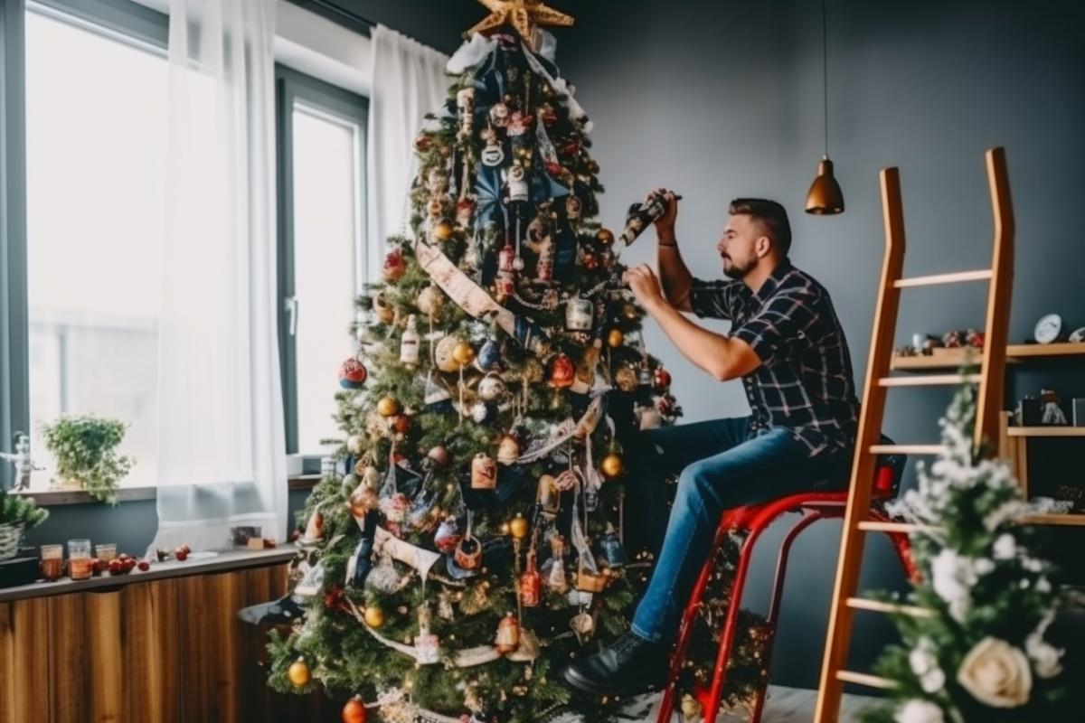 Guys decorate the New Year tree with beer in a cozy home
