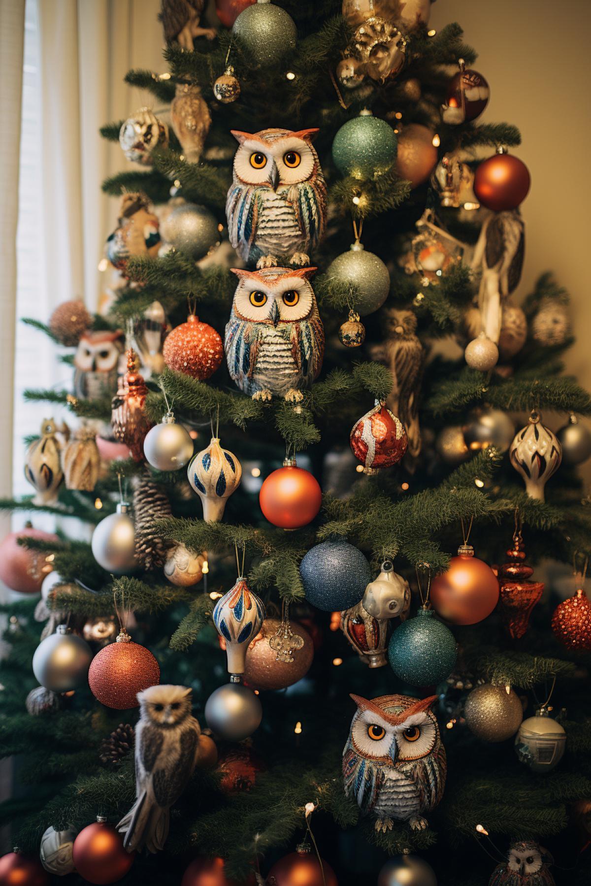 Christmas tree decorated with owl ornaments