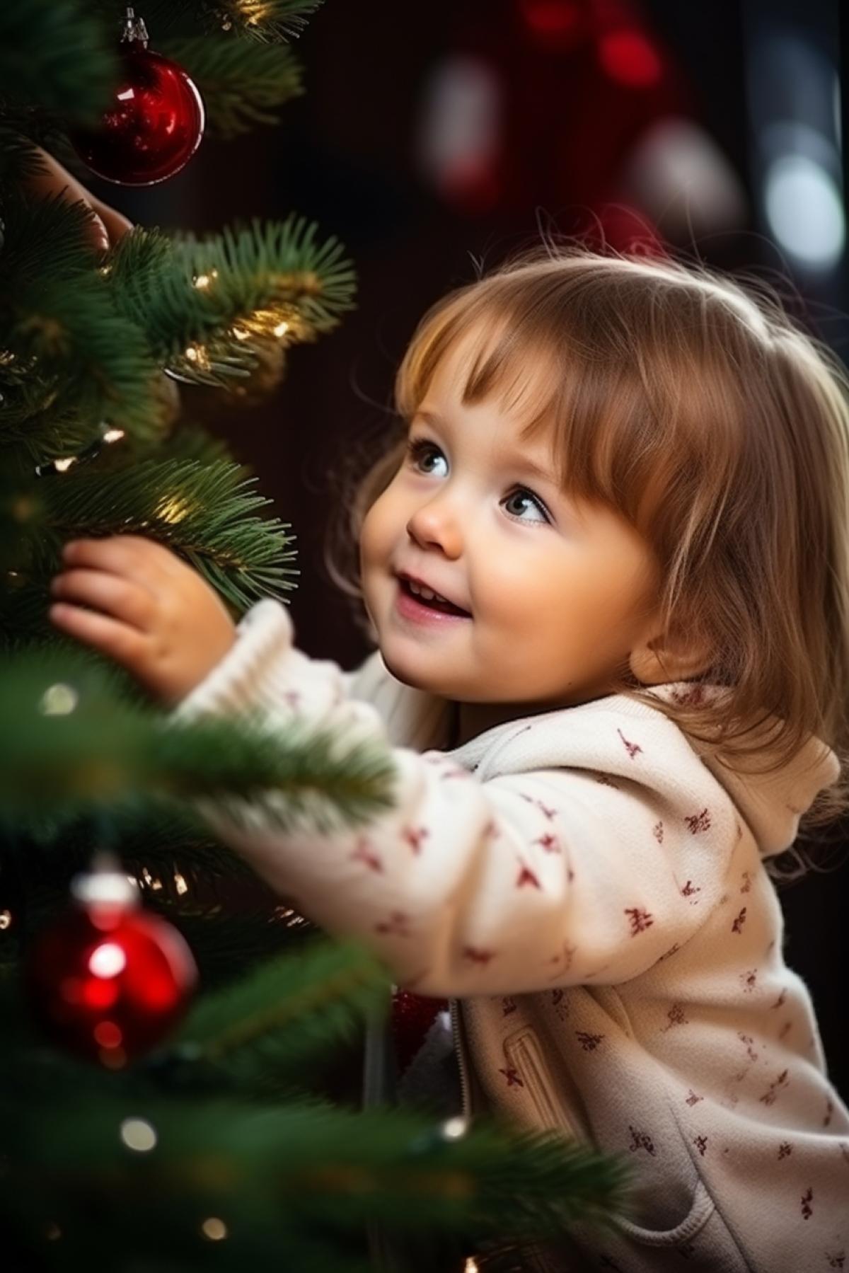 Cute baby decorating the Xmas tree branch close view photo