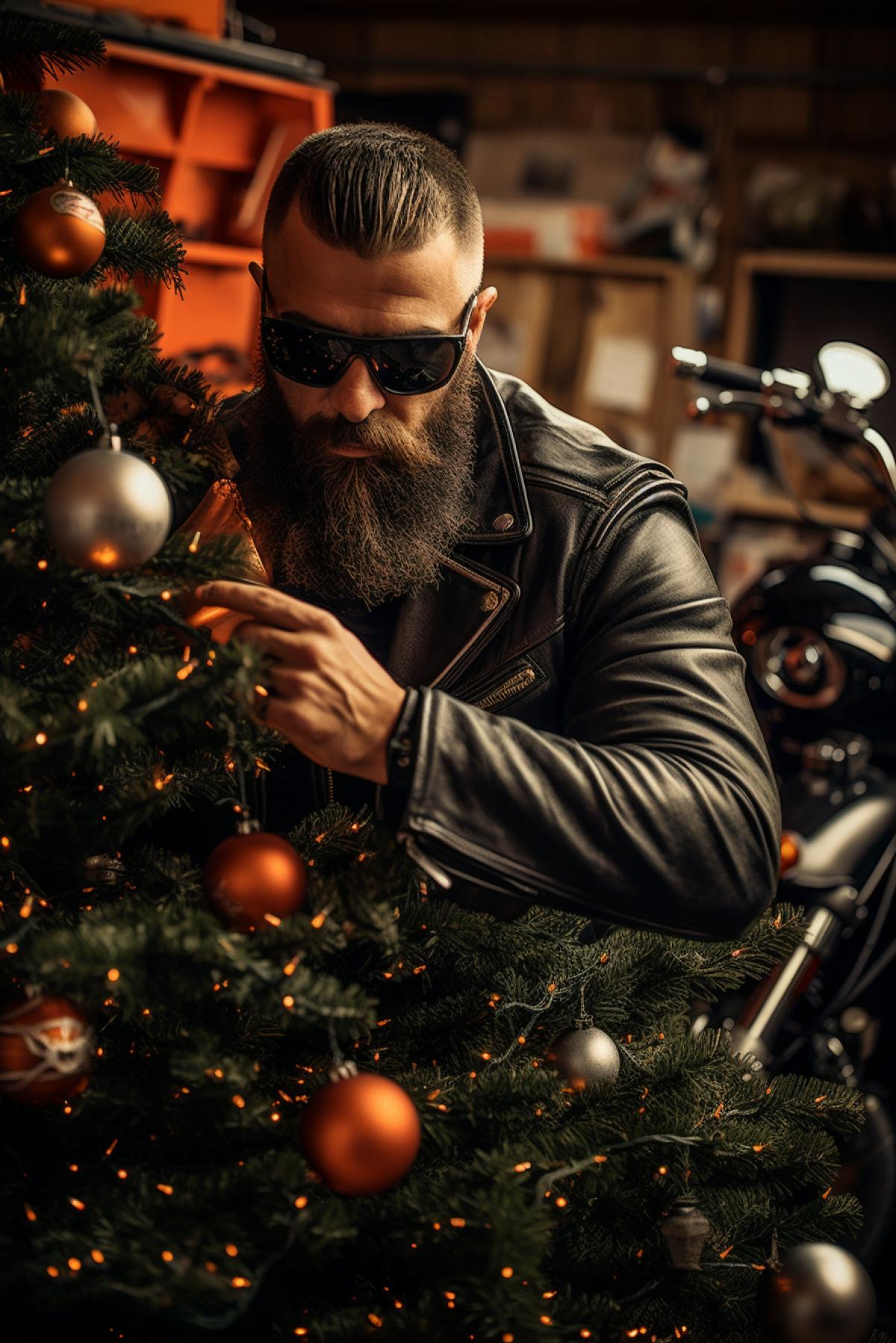 Tough Harley-Davidson biker leather beard sunglasses in process of decorating Xmas tree in garage interior of garage