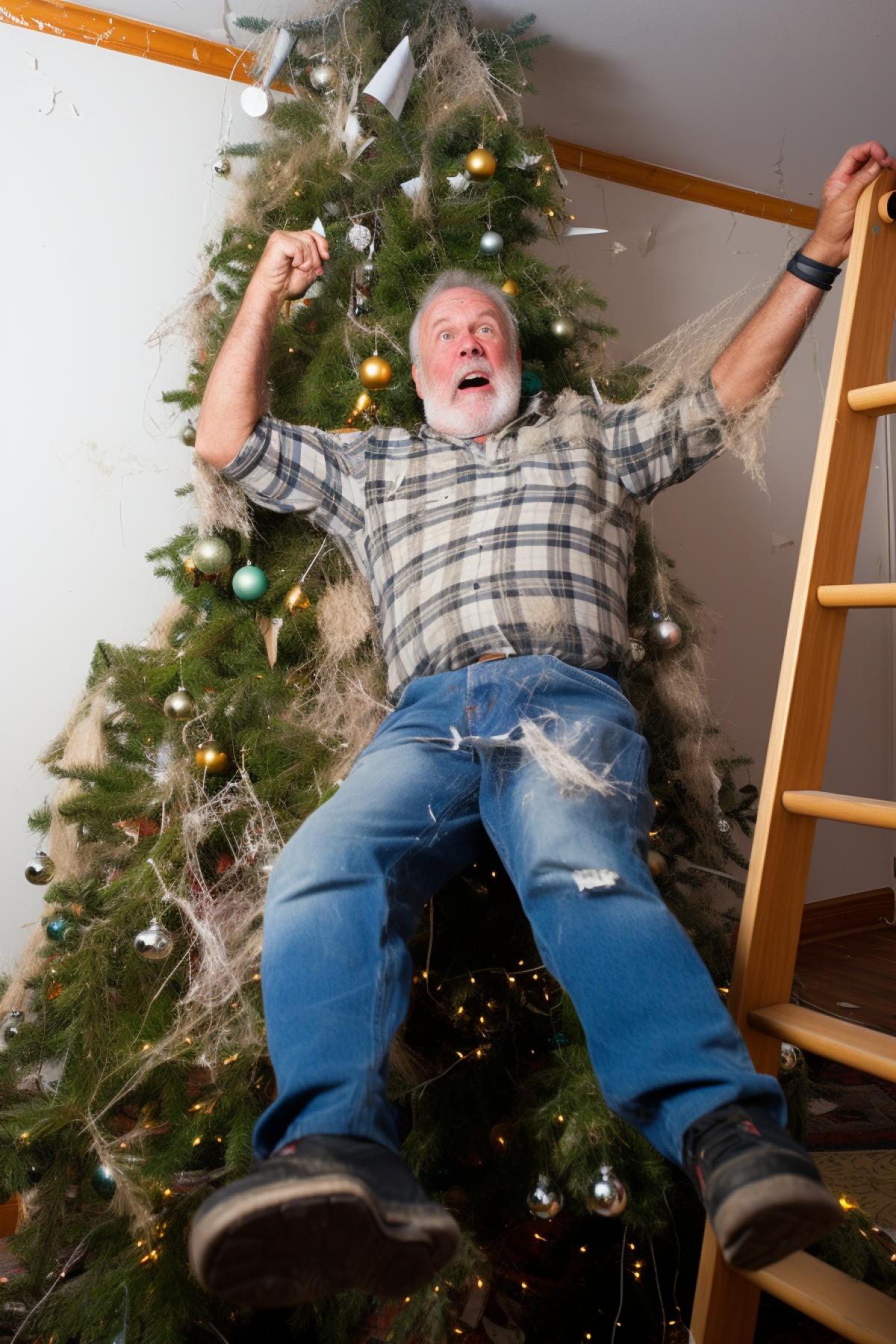 Dad fell down from ladder lies on the floor while decorating the Xmas tree it it