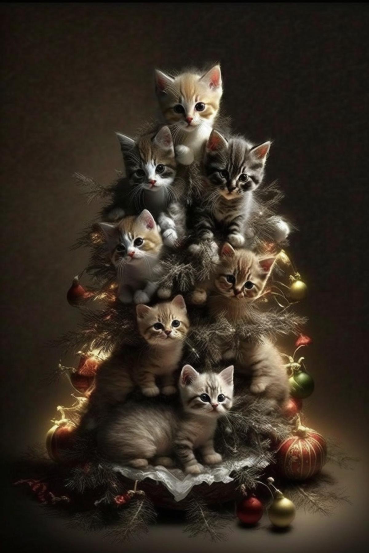 Christmas tree decorated with kittens
