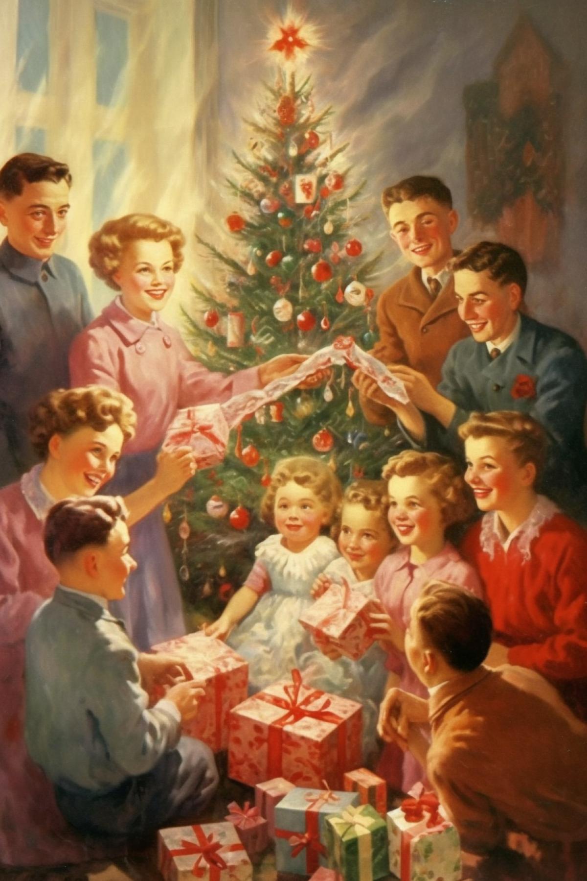 A large friendly family during the Soviet Union decorates the Christmas tree
