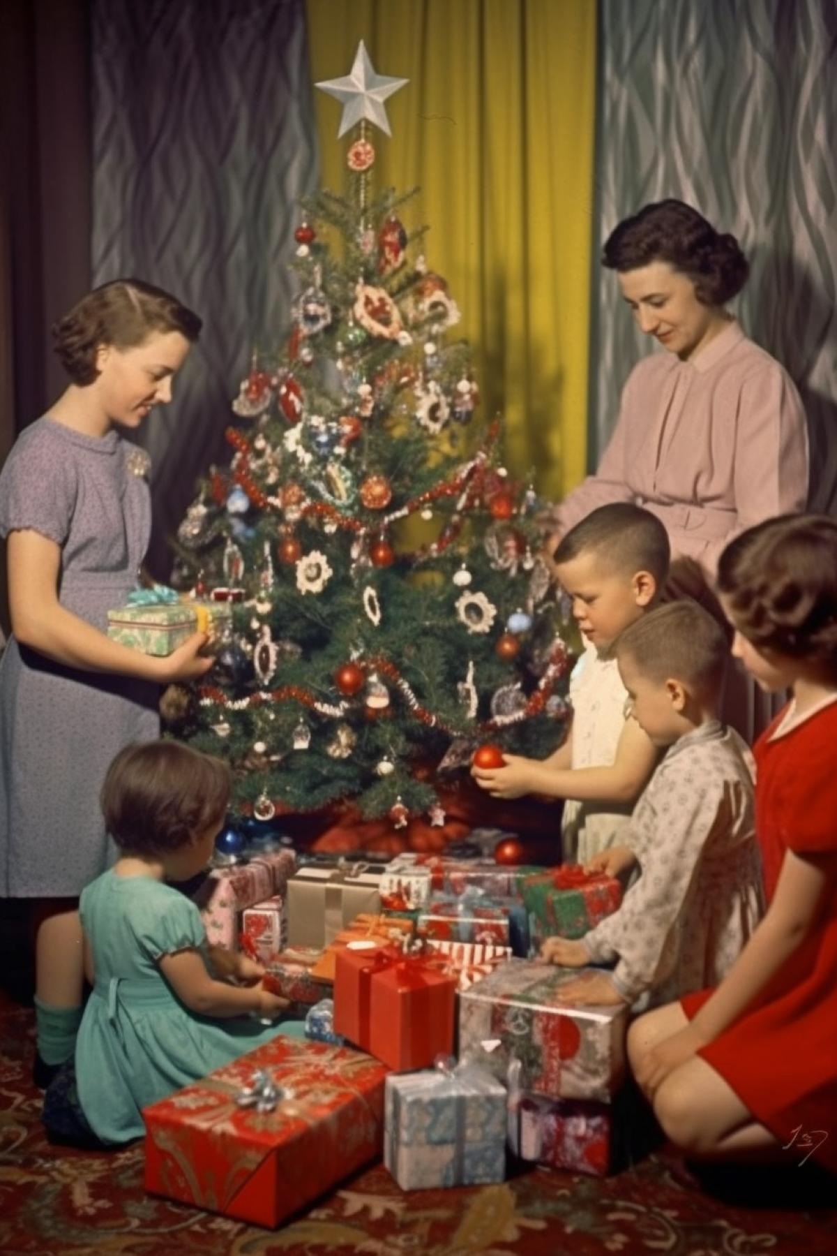 A large friendly family during the Soviet Union decorates the Christmas tree